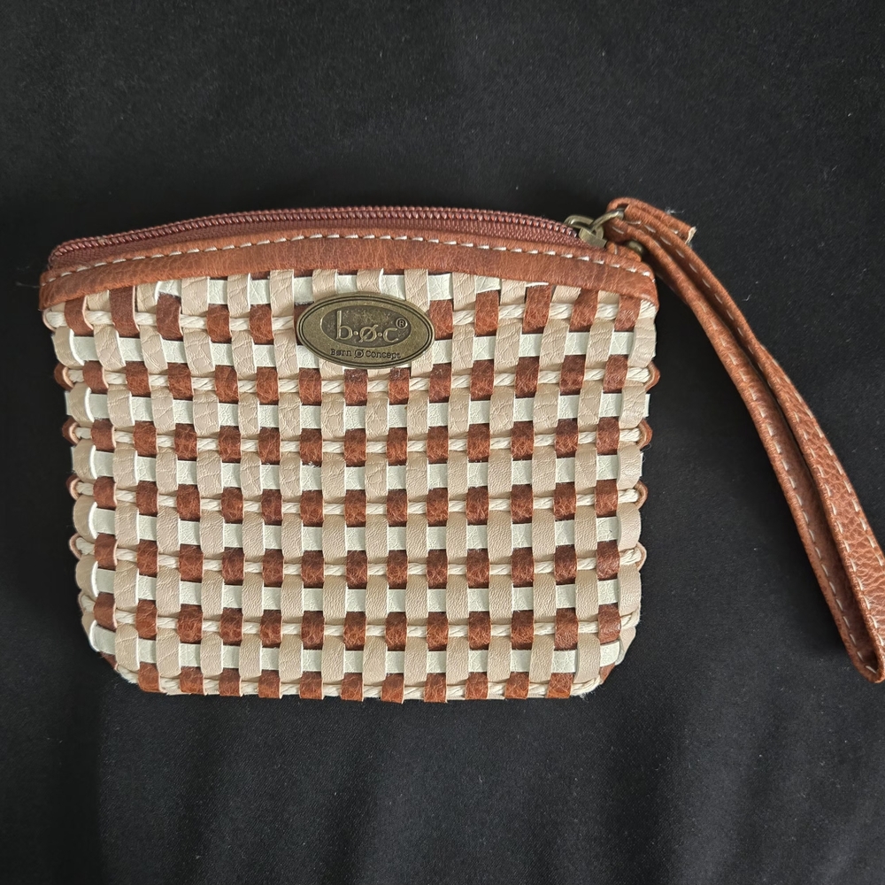 B.O.C. Faux Leather Brown and Cream Woven Wristlet